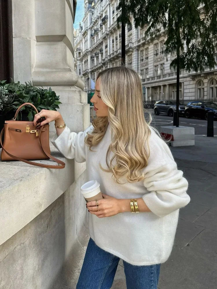 Chloé Chic™ - Pull Tricoté Mohair Blanc Col Rond