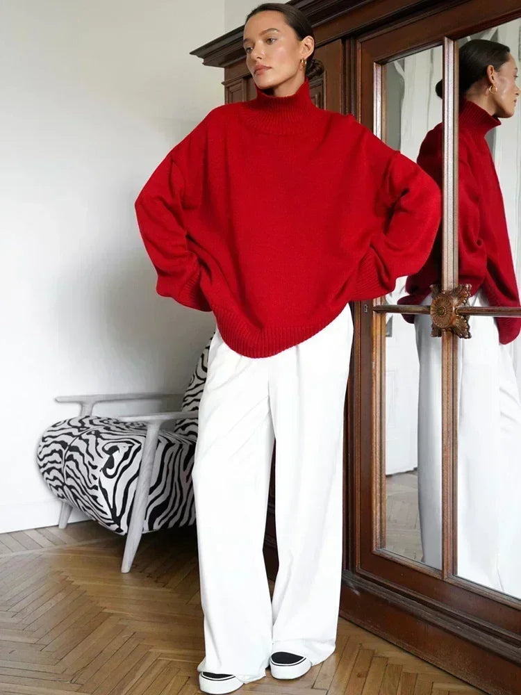 Clara Étoile™ - Pull Rouge Oversize Col Montant